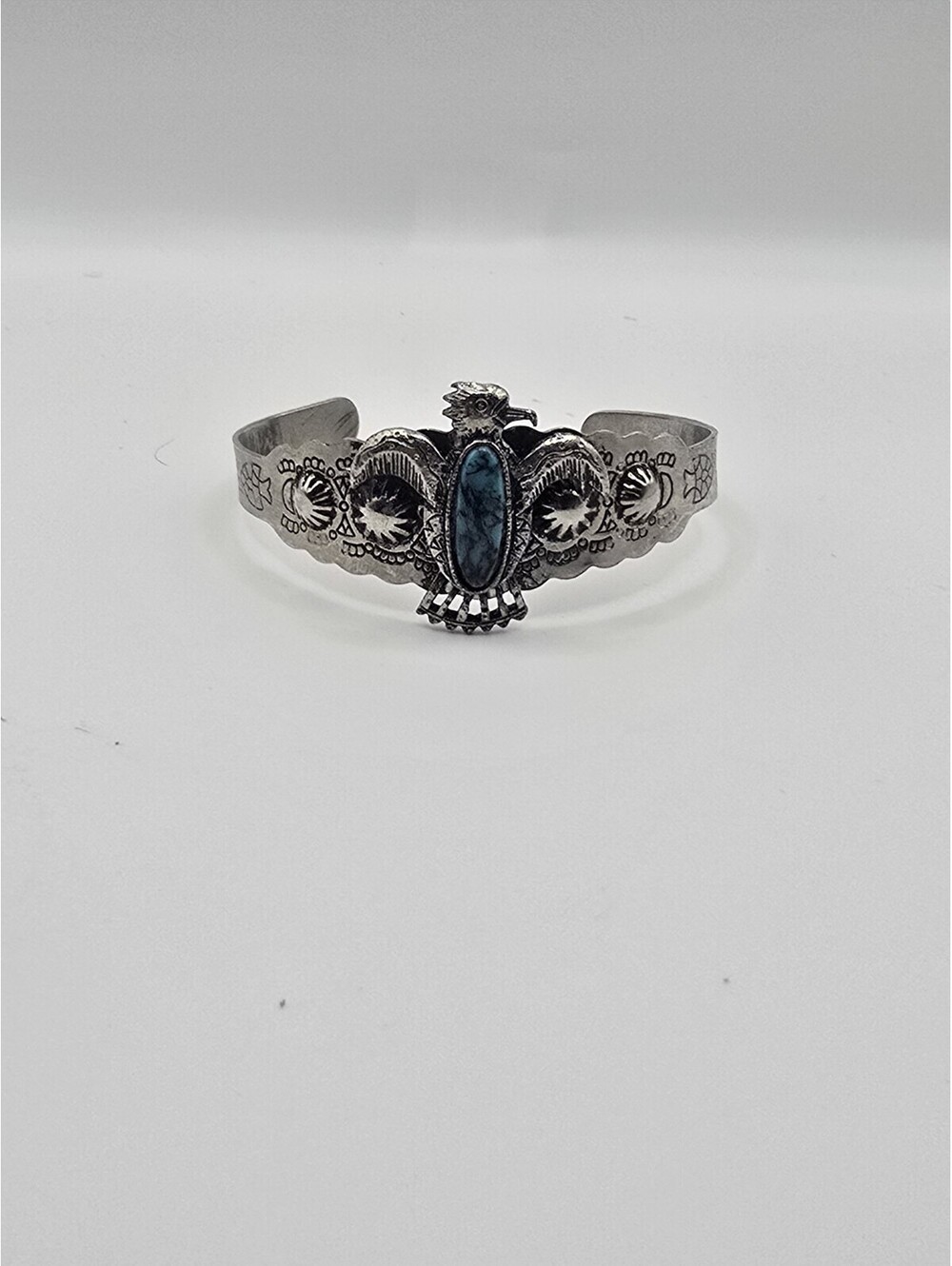 Silver Tone Thunderbird Cuff Bracelet Faux Turquoise Stamped Western Southwest
